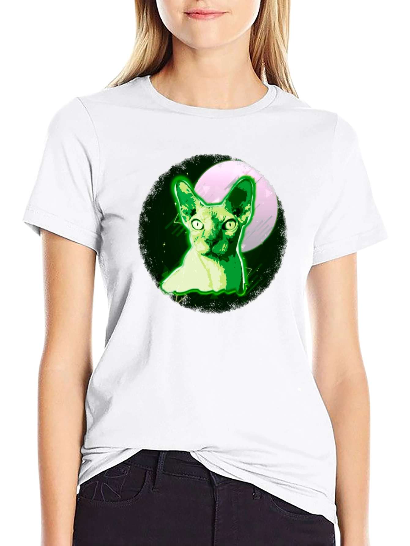 Sphynx Cat Moon T-Shirt - Glow Green Design