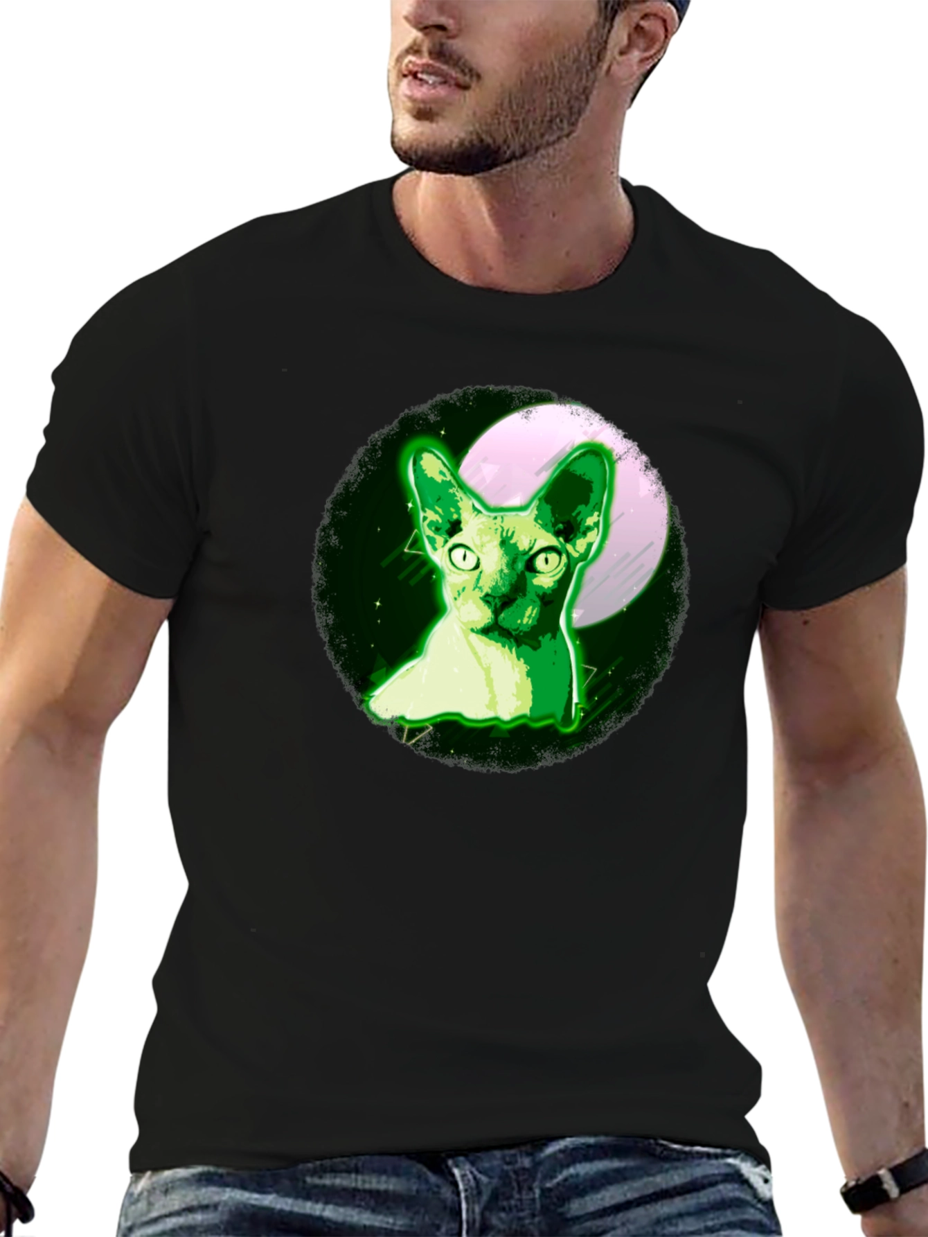 Sphynx Cat Moon T-Shirt - Glow Green Design