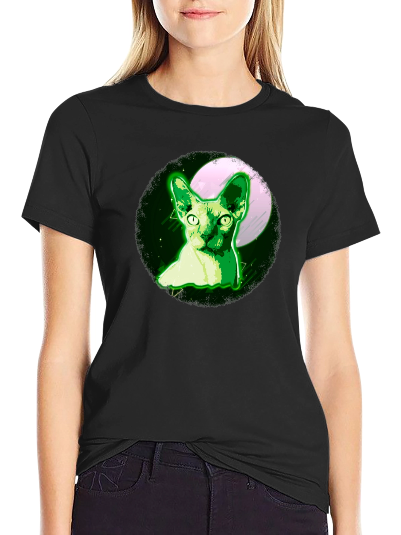 Sphynx Cat Moon T-Shirt - Glow Green Design