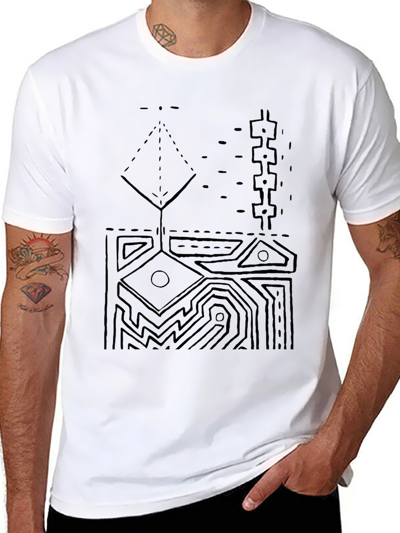 Abstract Geometric Graphic Print Tee - Black