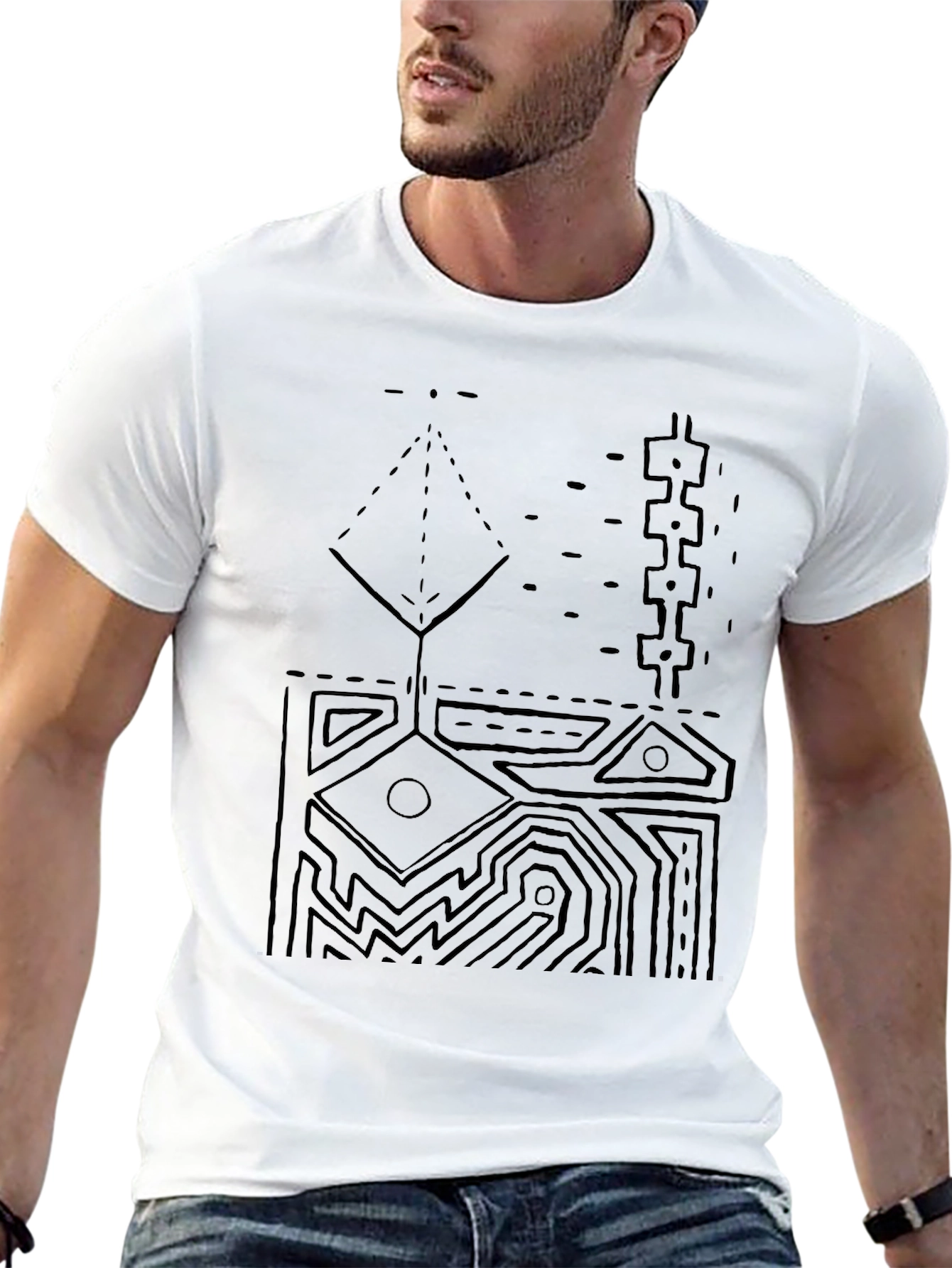 Abstract Geometric Graphic Print Tee - Black