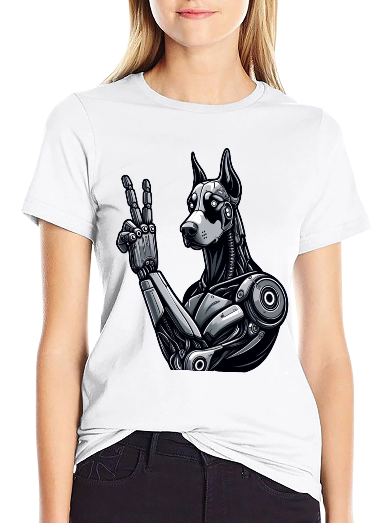 Robot Dog Peace Sign Graphic Tee - Black