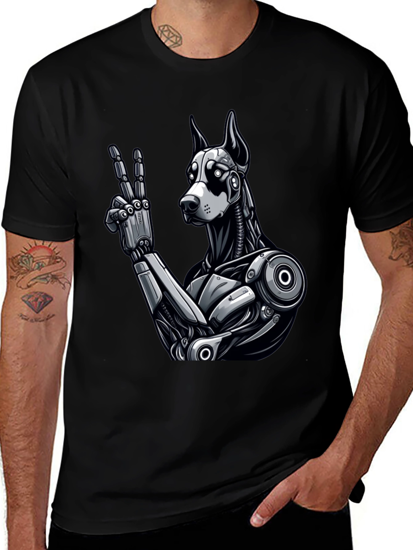 Robot Dog Peace Sign Graphic Tee - Black