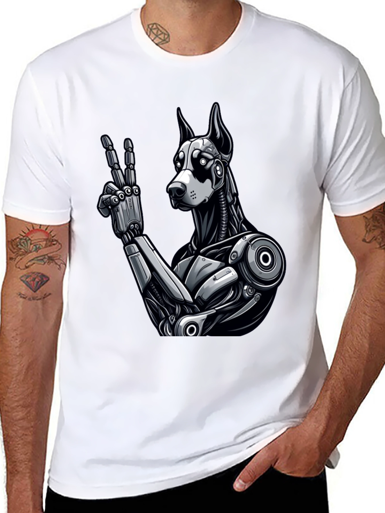 Robot Dog Peace Sign Graphic Tee - Black