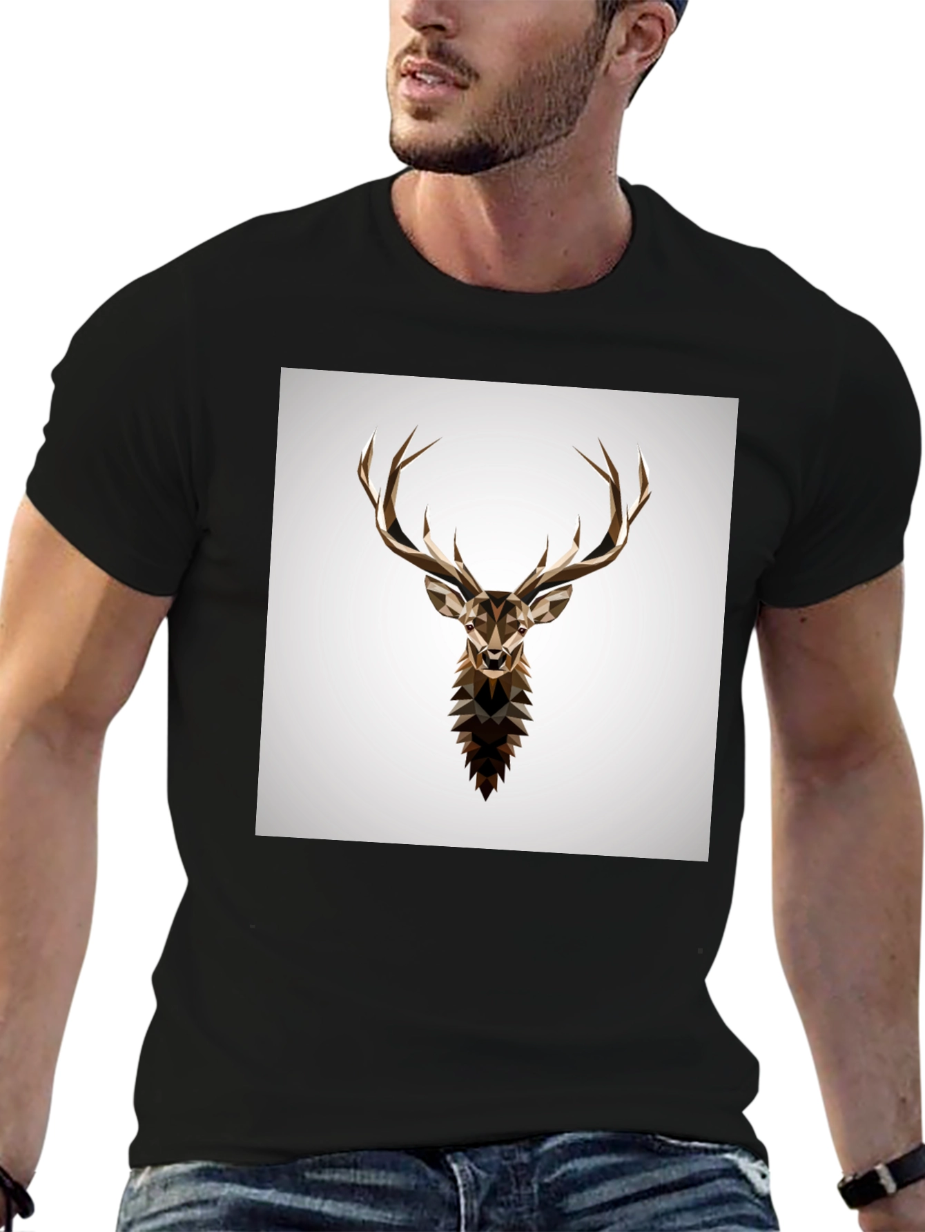 Geometric Deer Graphic Tee - Stylish Mens Black T-Shirt