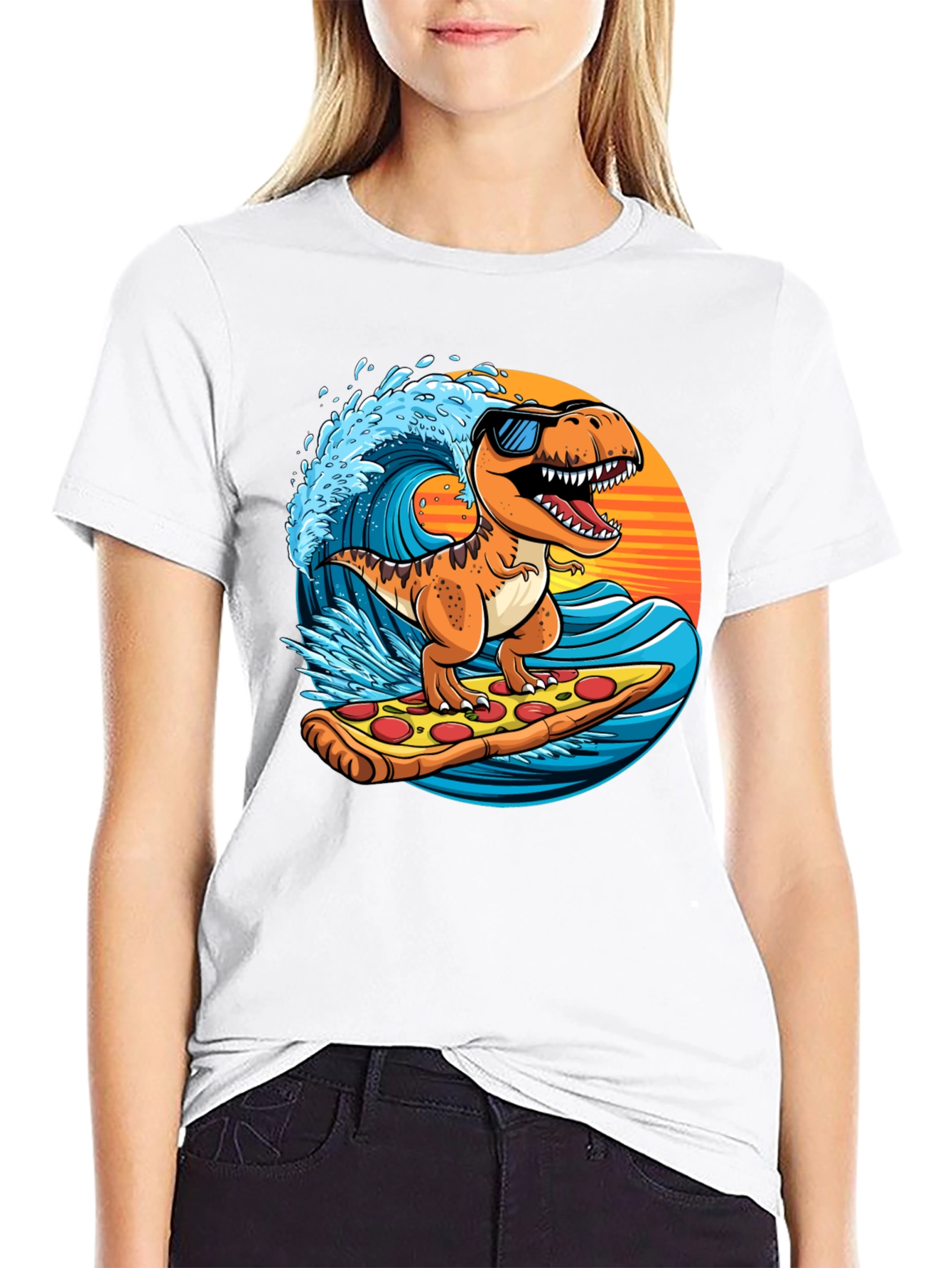 Dino Surfing Pizza Slice Tee