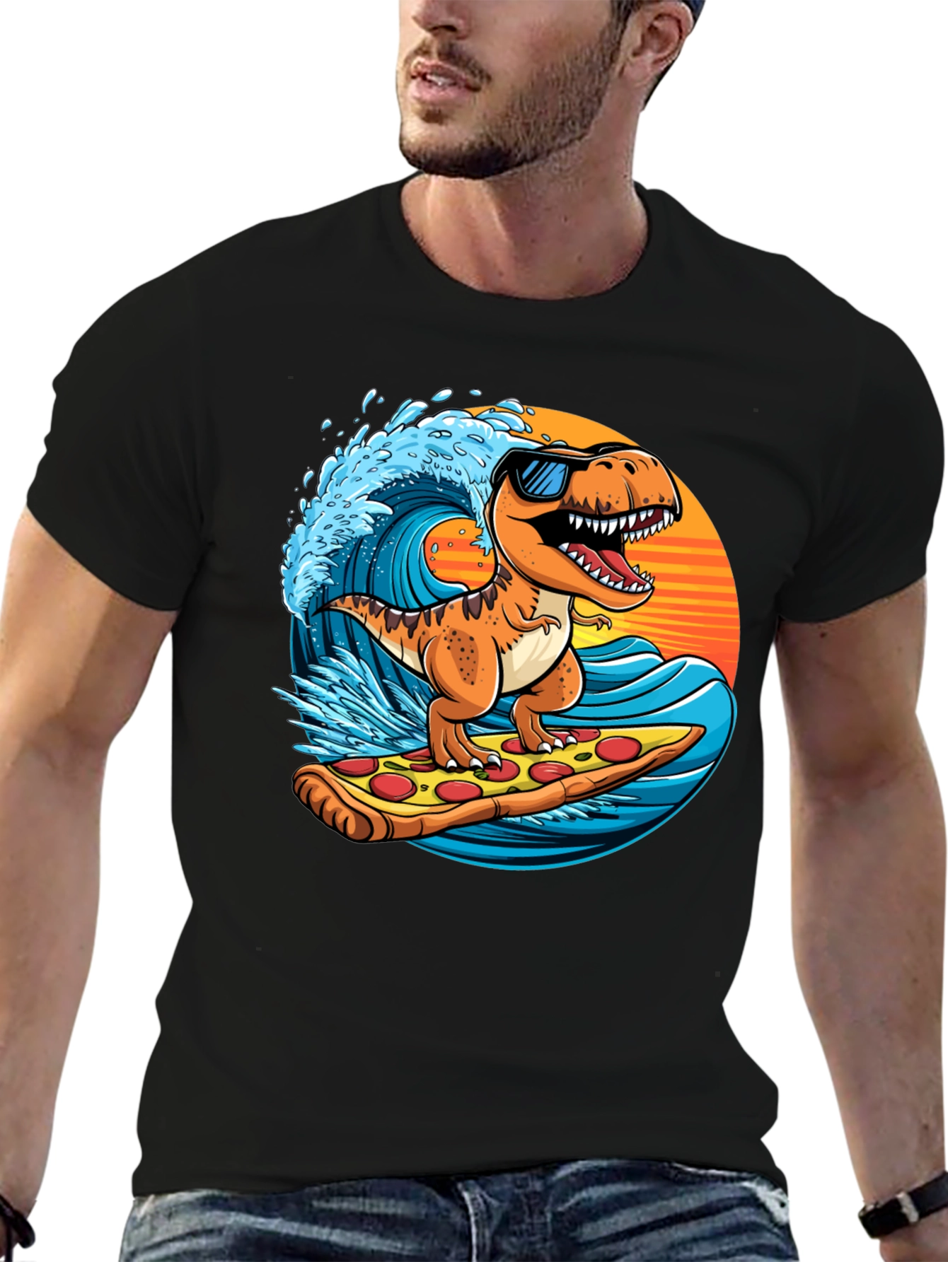 Dino Surfing Pizza Slice Tee