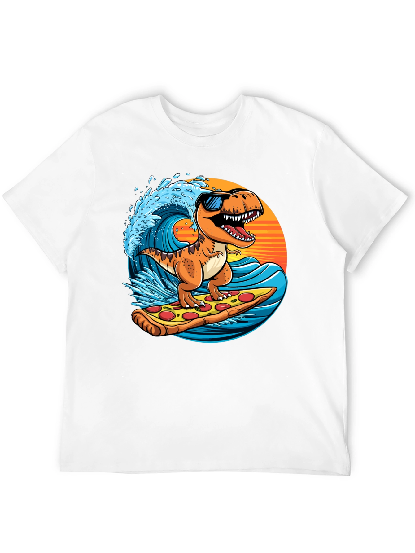 Dino Surfing Pizza Slice Tee