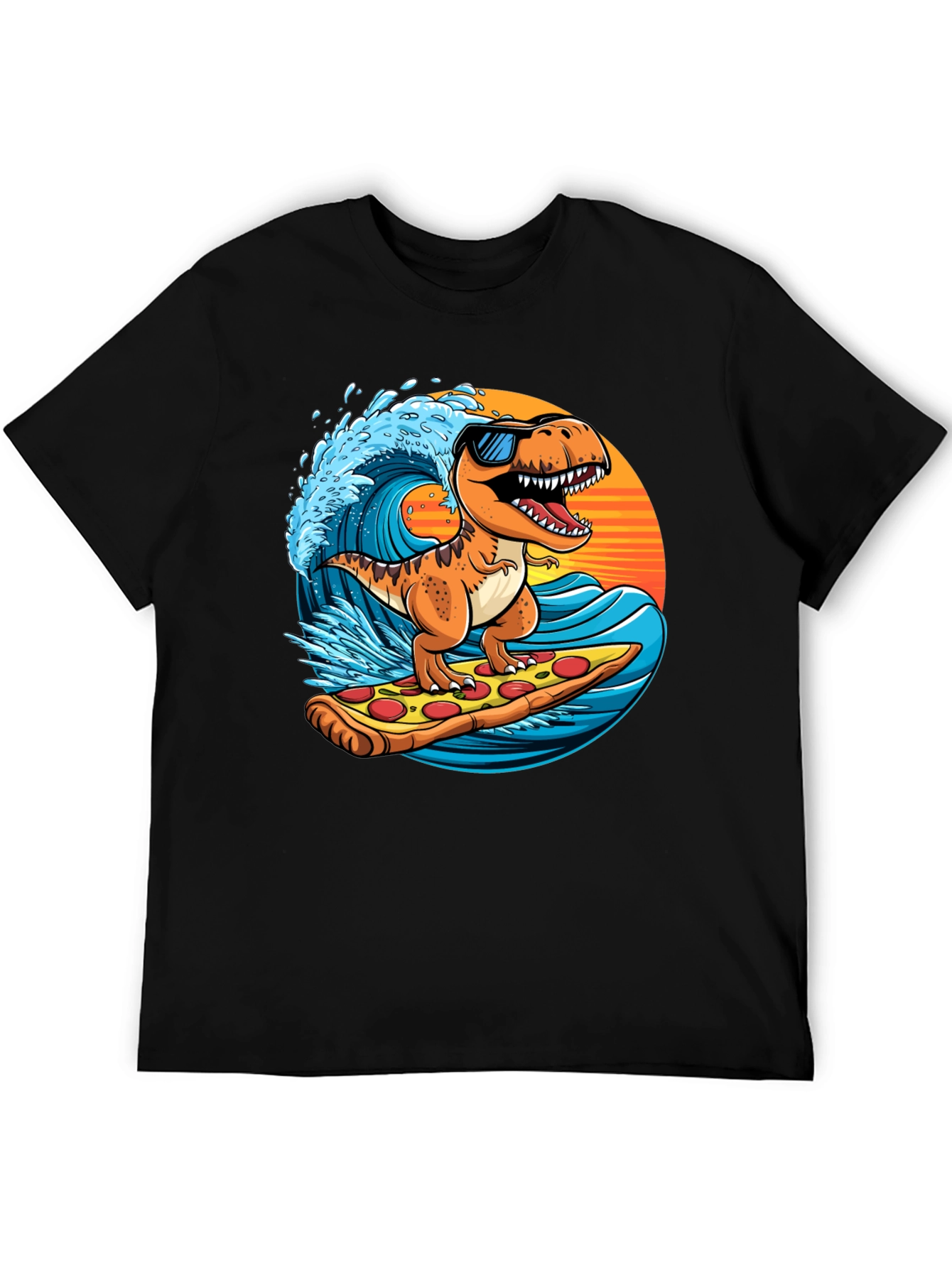 Dino Surfing Pizza Slice Tee