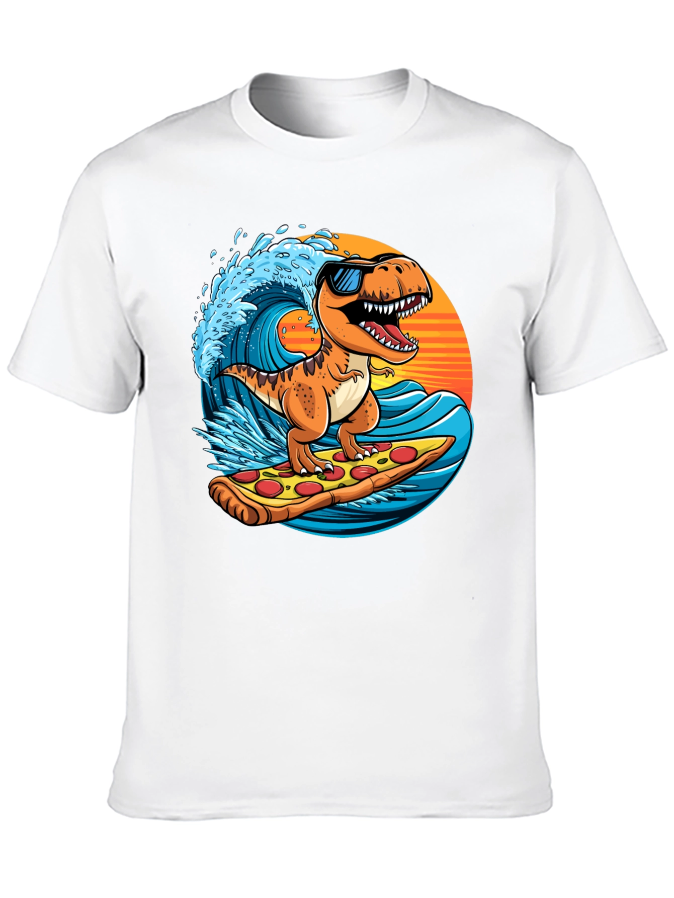 Dino Surfing Pizza Slice Tee