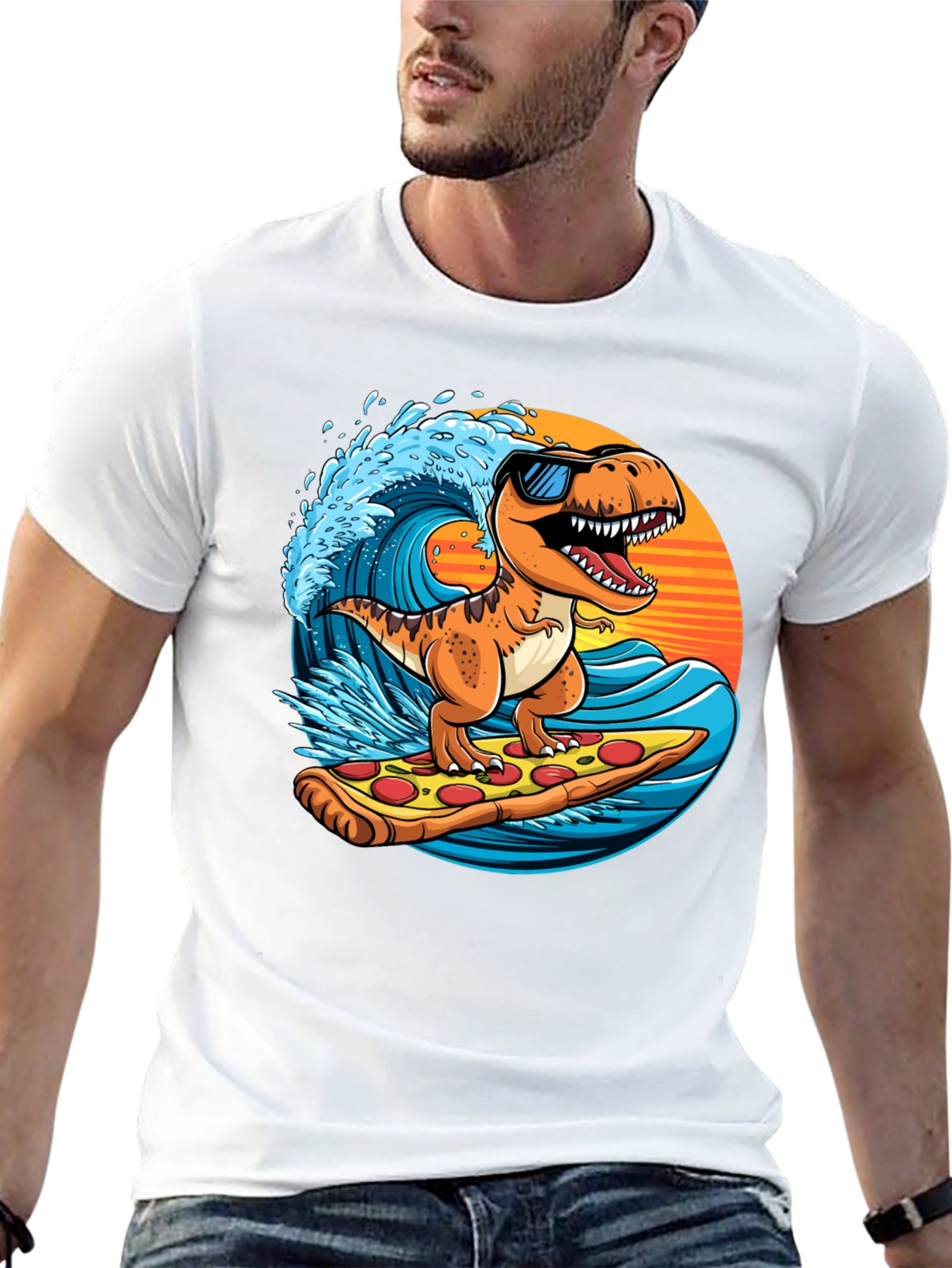Dino Surfing Pizza Slice Tee