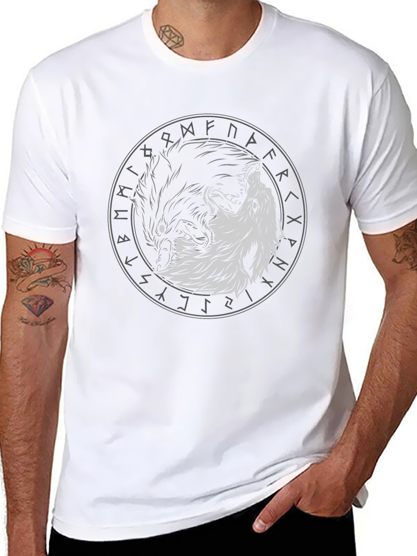 Yin Yang Wolf Graphic Tee - Viking Rune Circle