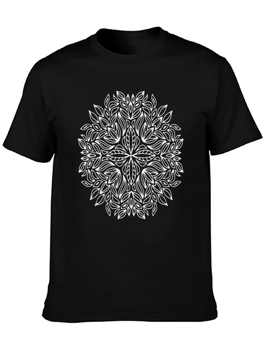 Black Tee with White Leaf Mandala Design