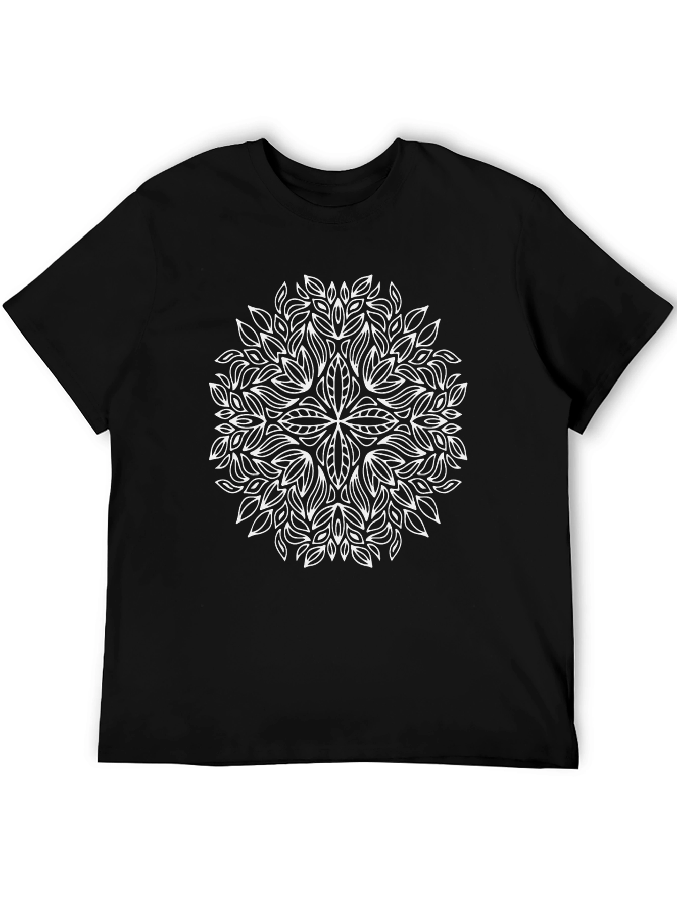 Black Tee with White Leaf Mandala Design