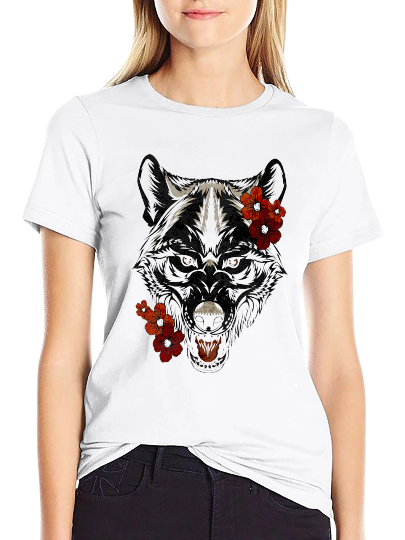 Wolf Floral Graphic T-Shirt - Black Cotton Tee