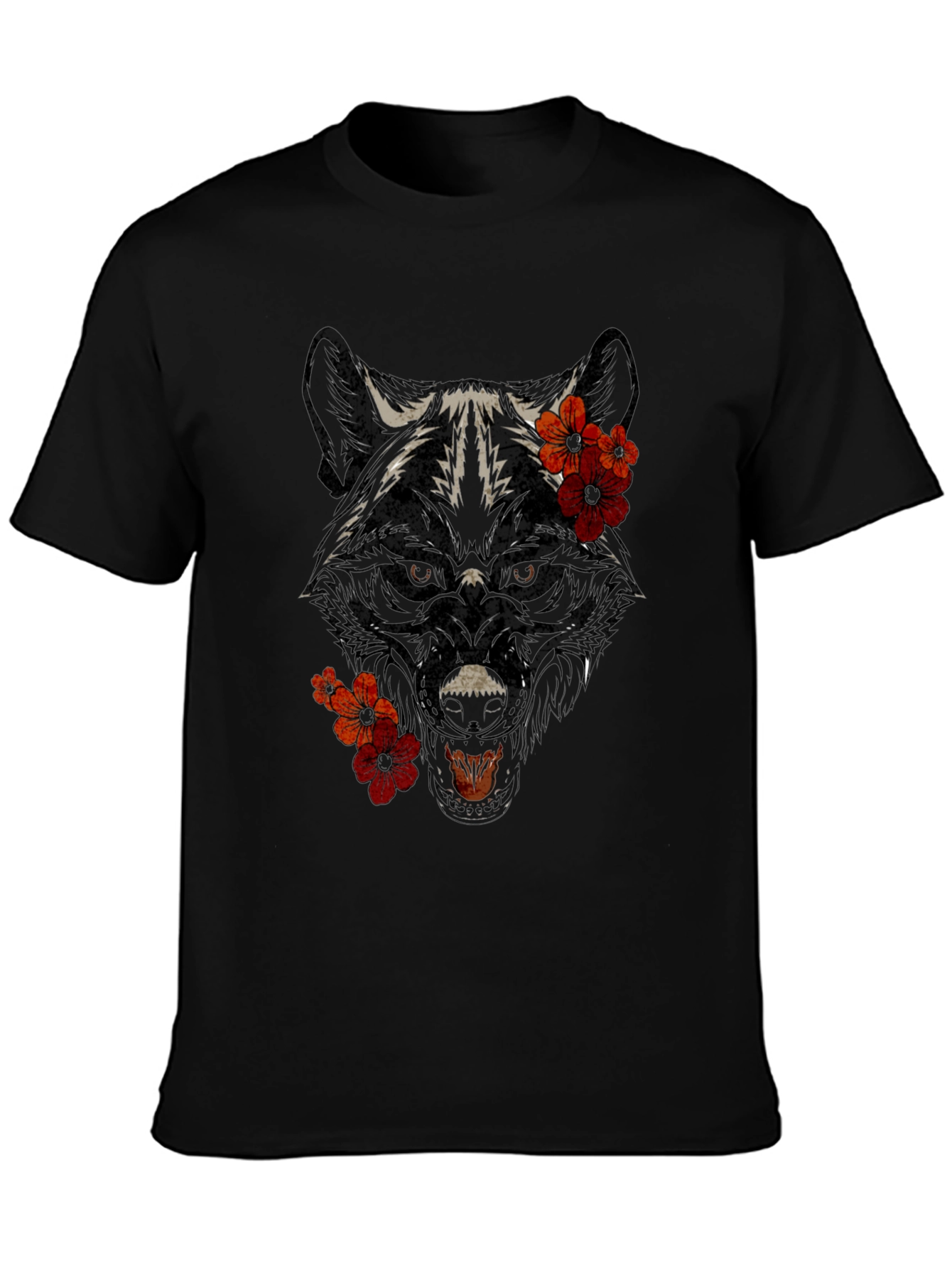 Wolf Floral Graphic T-Shirt - Black Cotton Tee