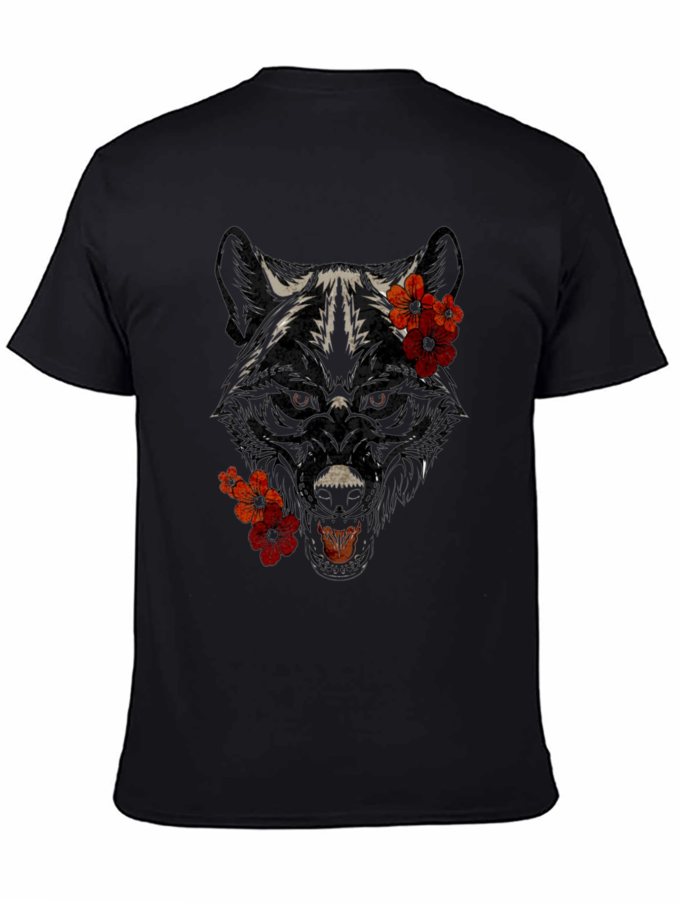 Wolf Floral Graphic T-Shirt - Black Cotton Tee