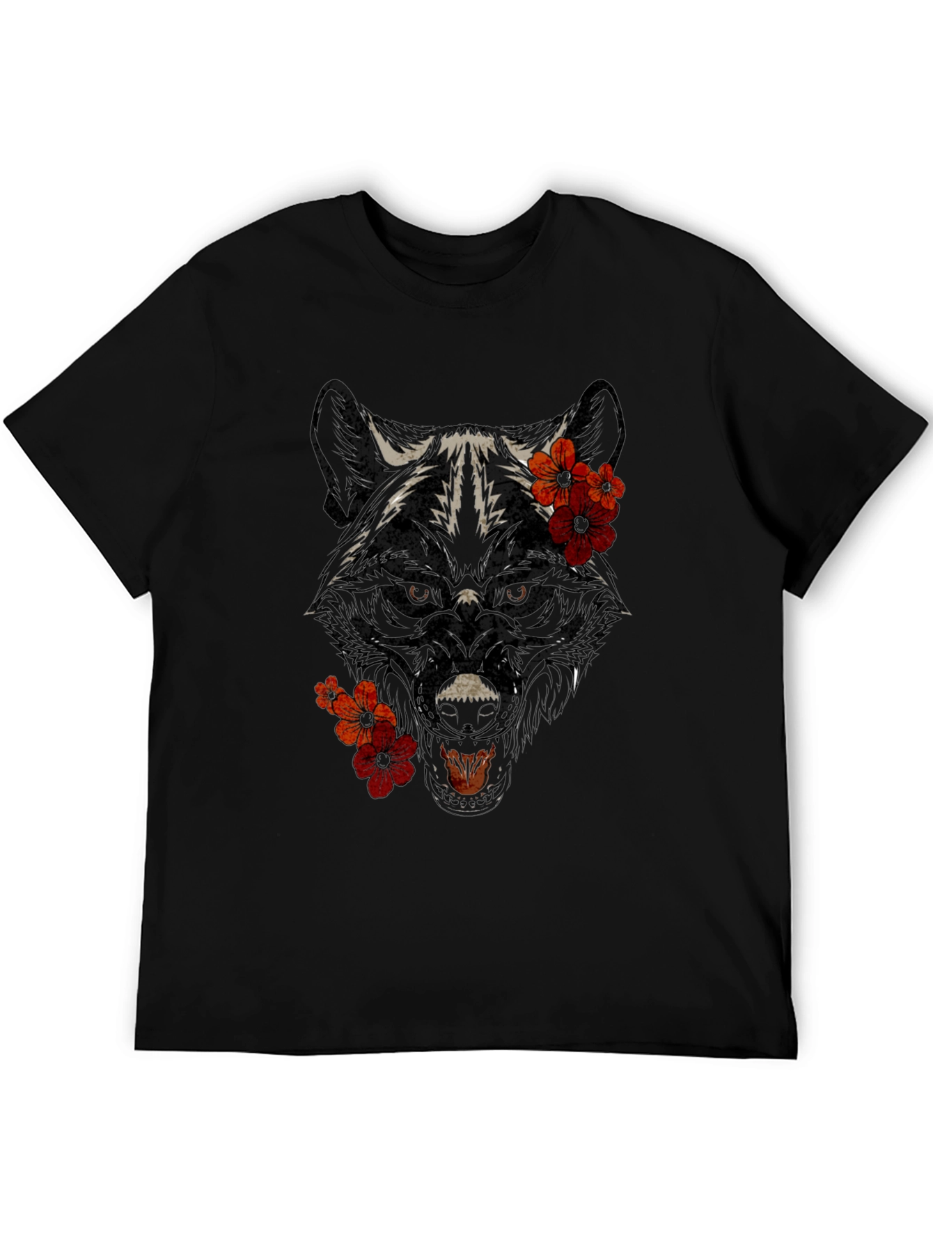 Wolf Floral Graphic T-Shirt - Black Cotton Tee