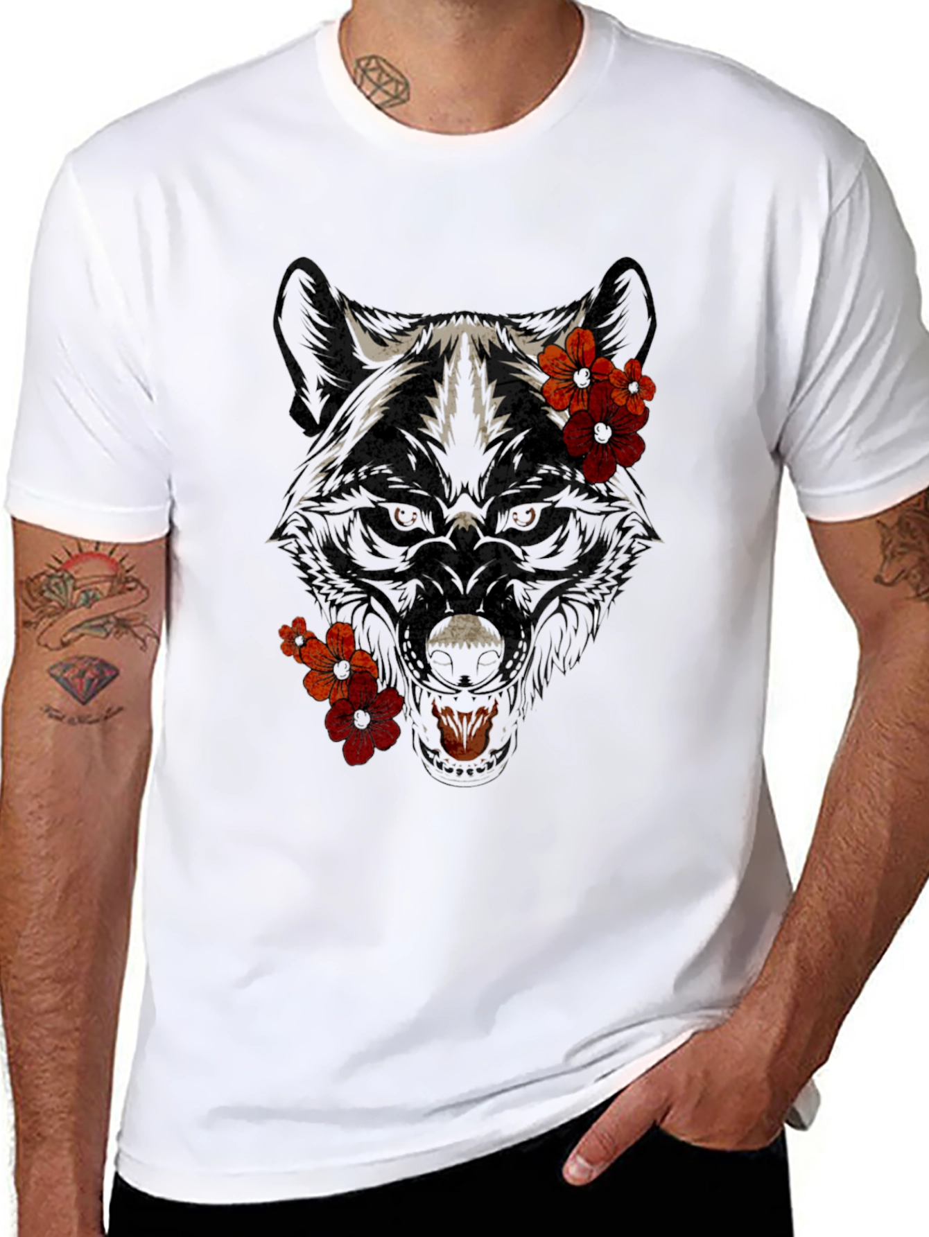 Wolf Floral Graphic T-Shirt - Black Cotton Tee