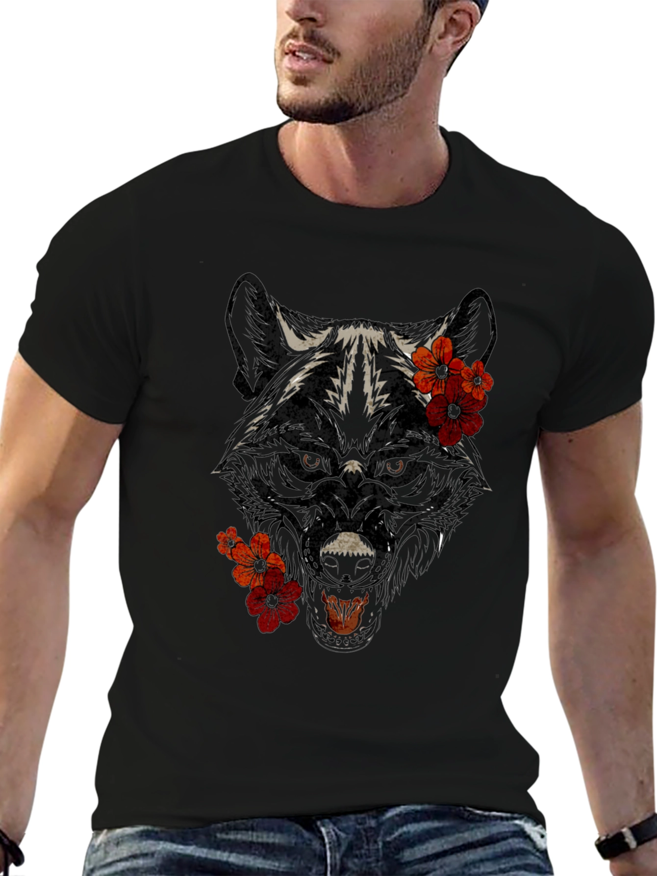 Wolf Floral Graphic T-Shirt - Black Cotton Tee