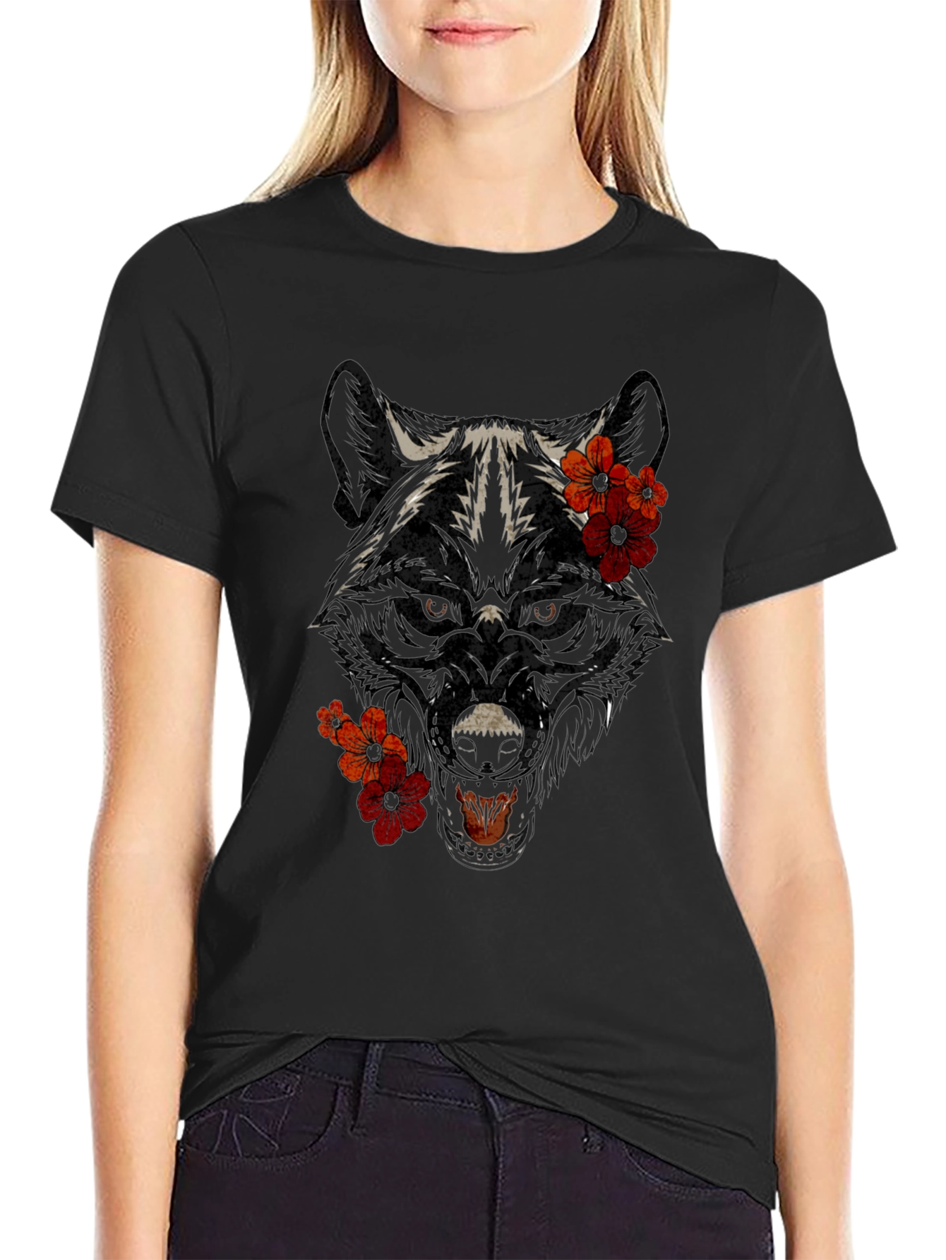 Wolf Floral Graphic T-Shirt - Black Cotton Tee