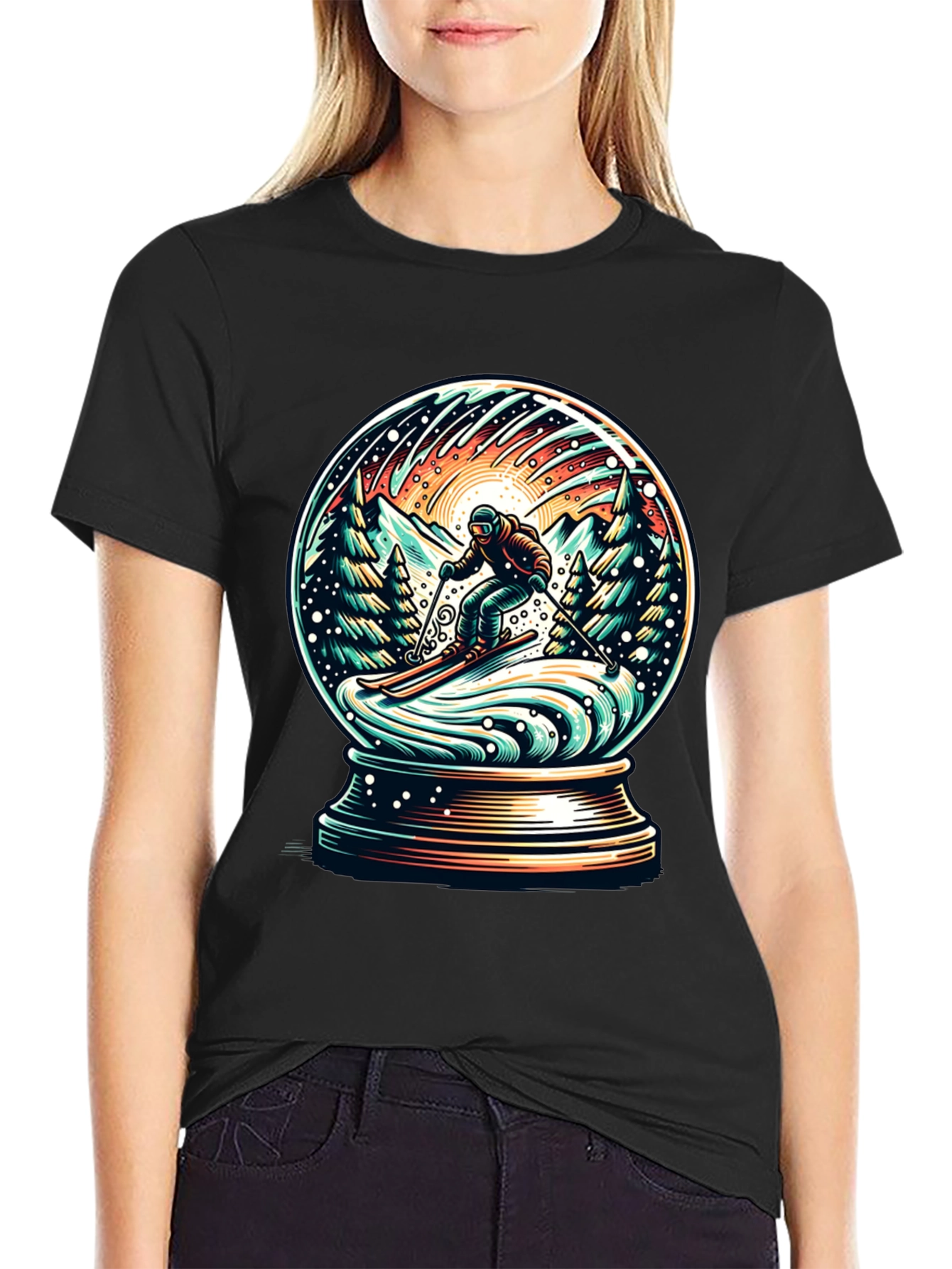 Snow Globe Skiing Graphic Tee - Winter Adventure Shirt
