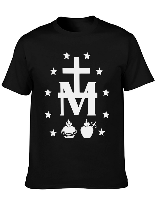 Black T-Shirt with White Catholic Virgin Mary Symbol
