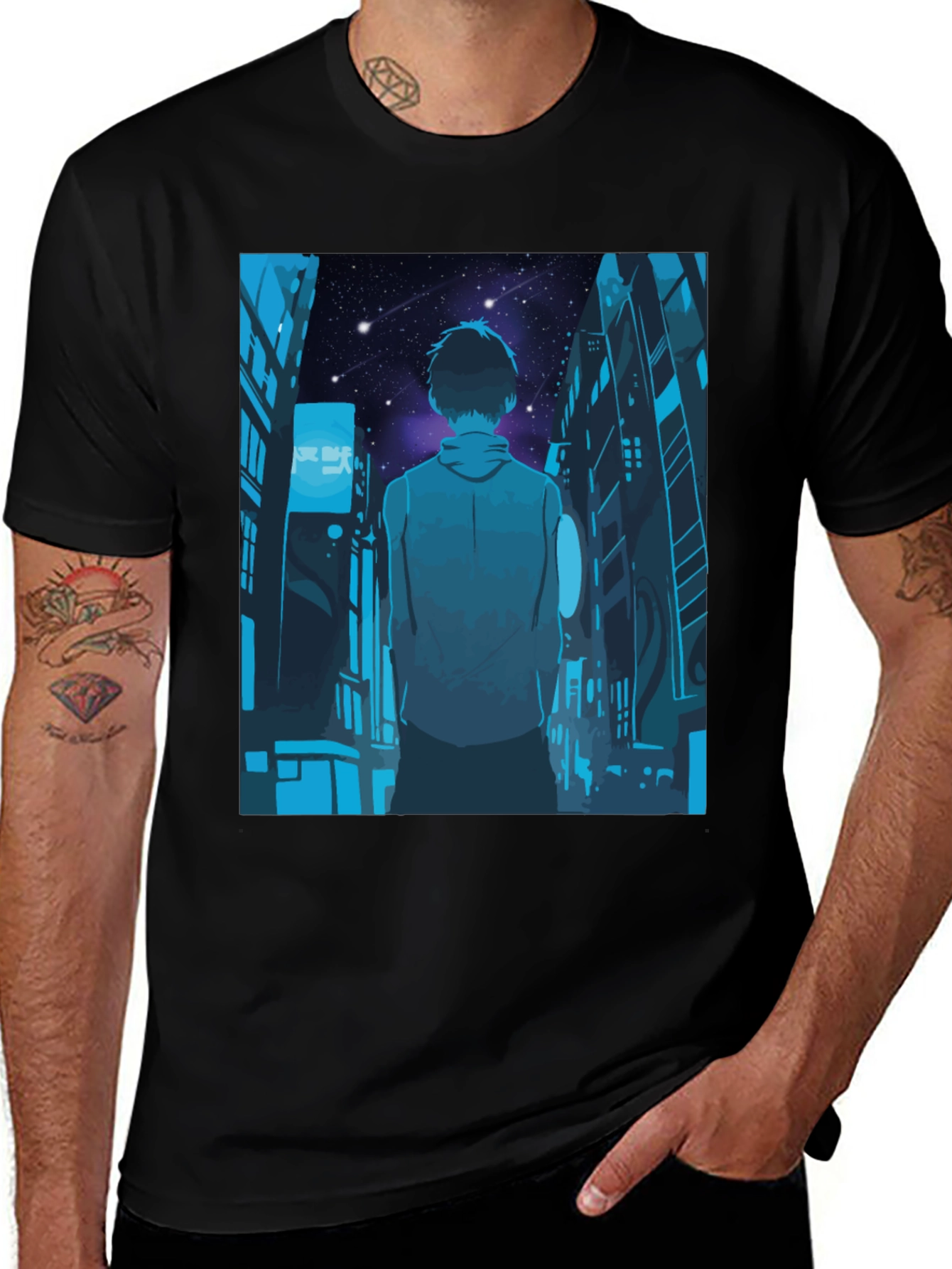 Anime Cityscape Black T-Shirt