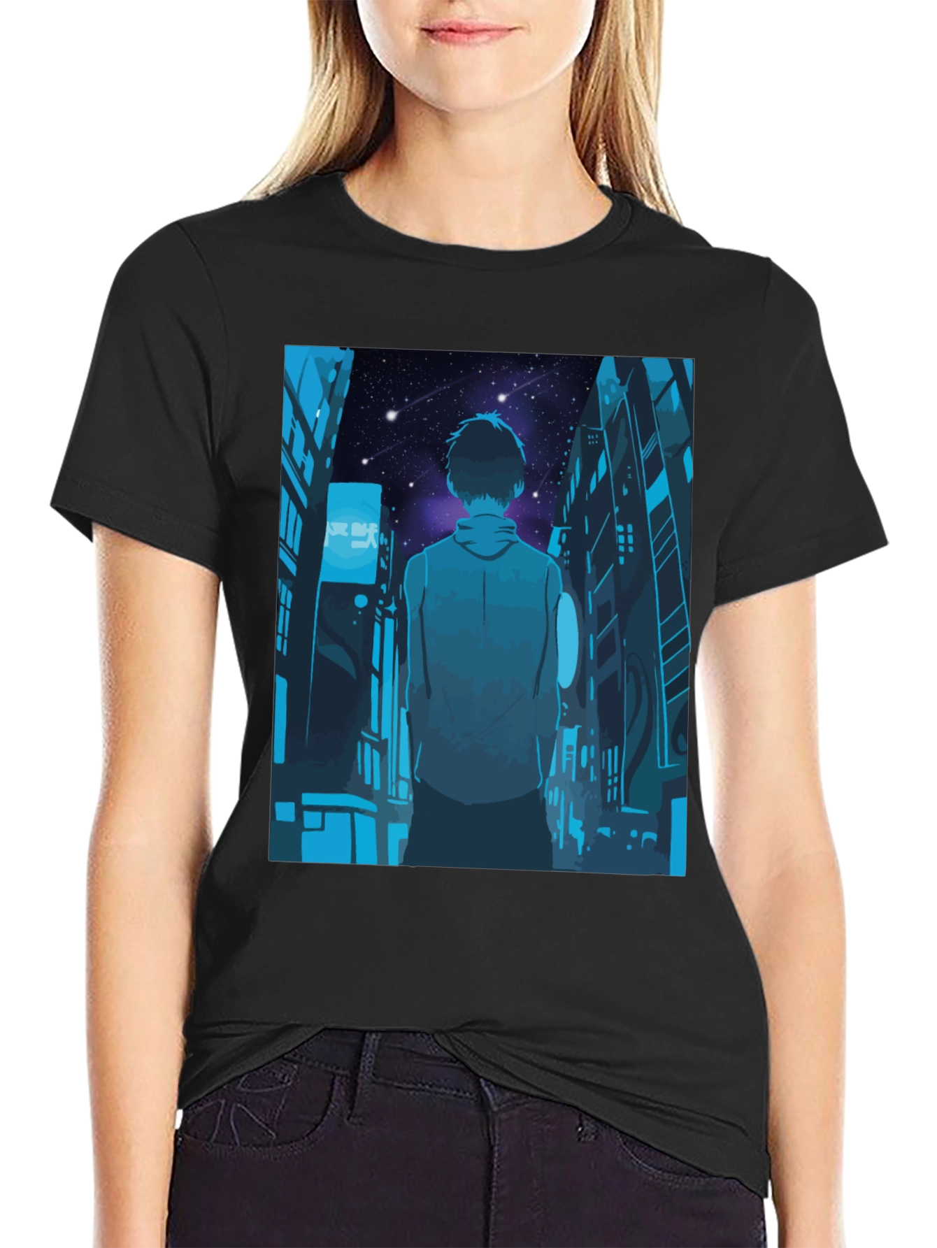 Anime Cityscape Black T-Shirt