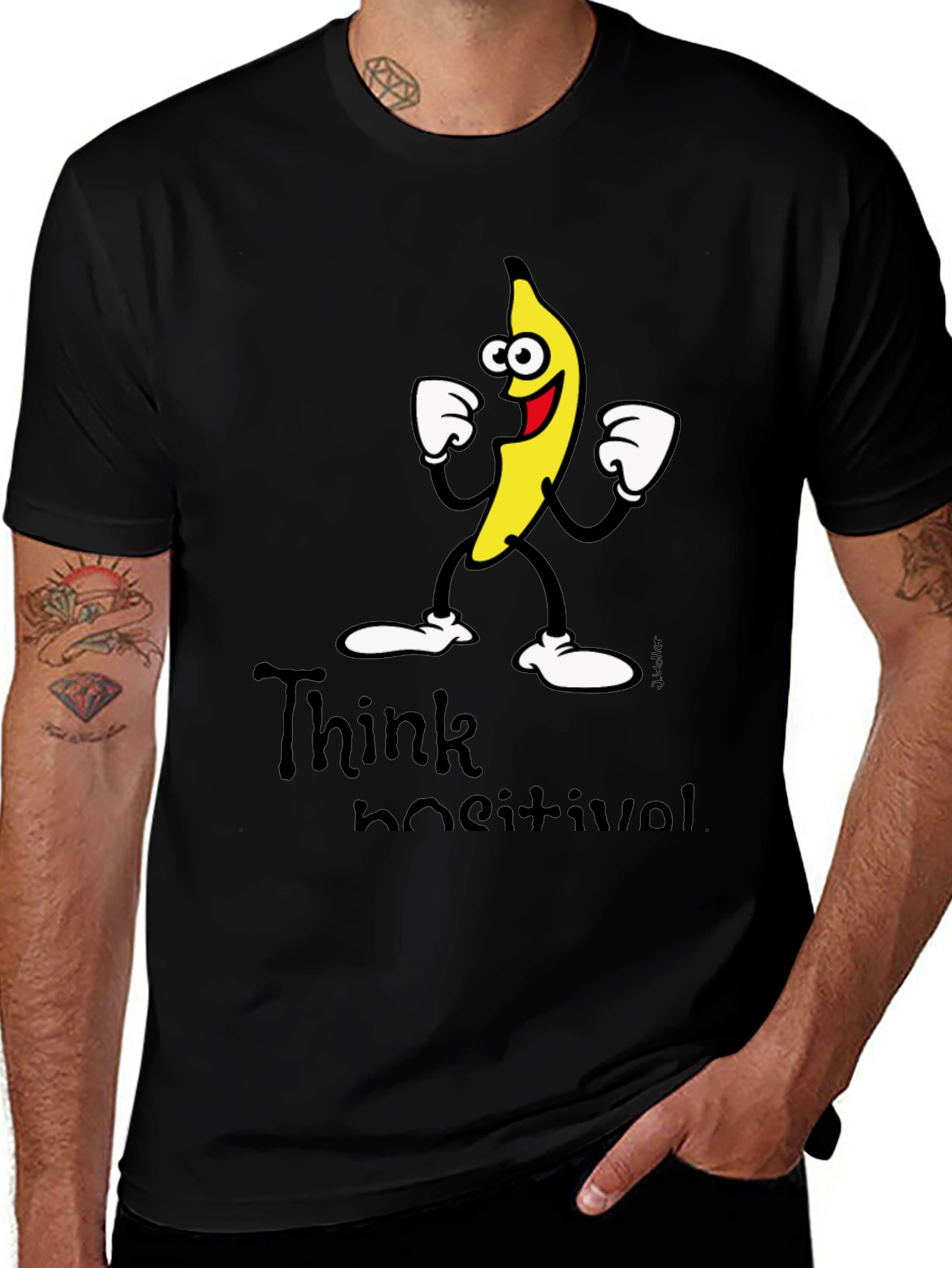Think Positive Banana Graphic Black T-Shirt