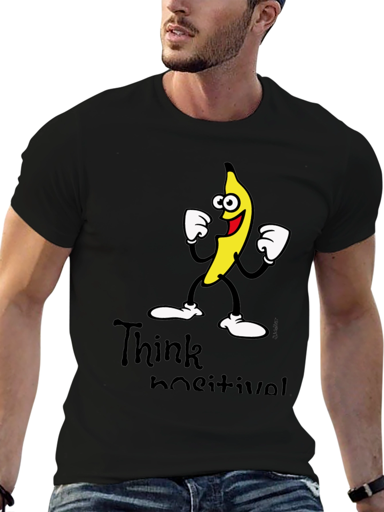 Think Positive Banana Graphic Black T-Shirt