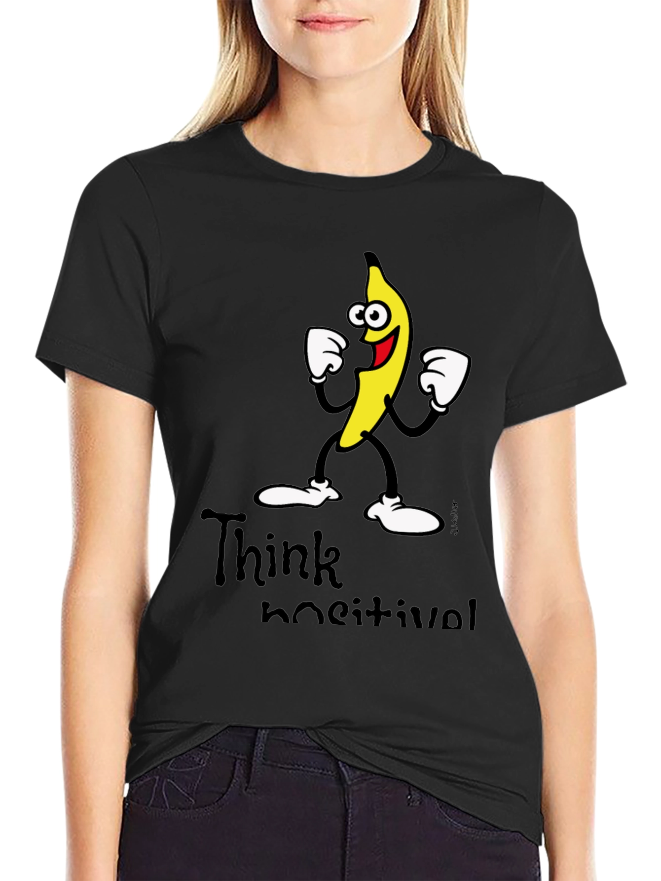 Think Positive Banana Graphic Black T-Shirt