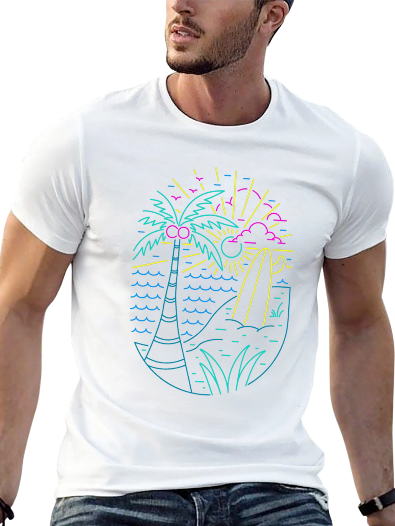 Neon Beach Design Black T-Shirt