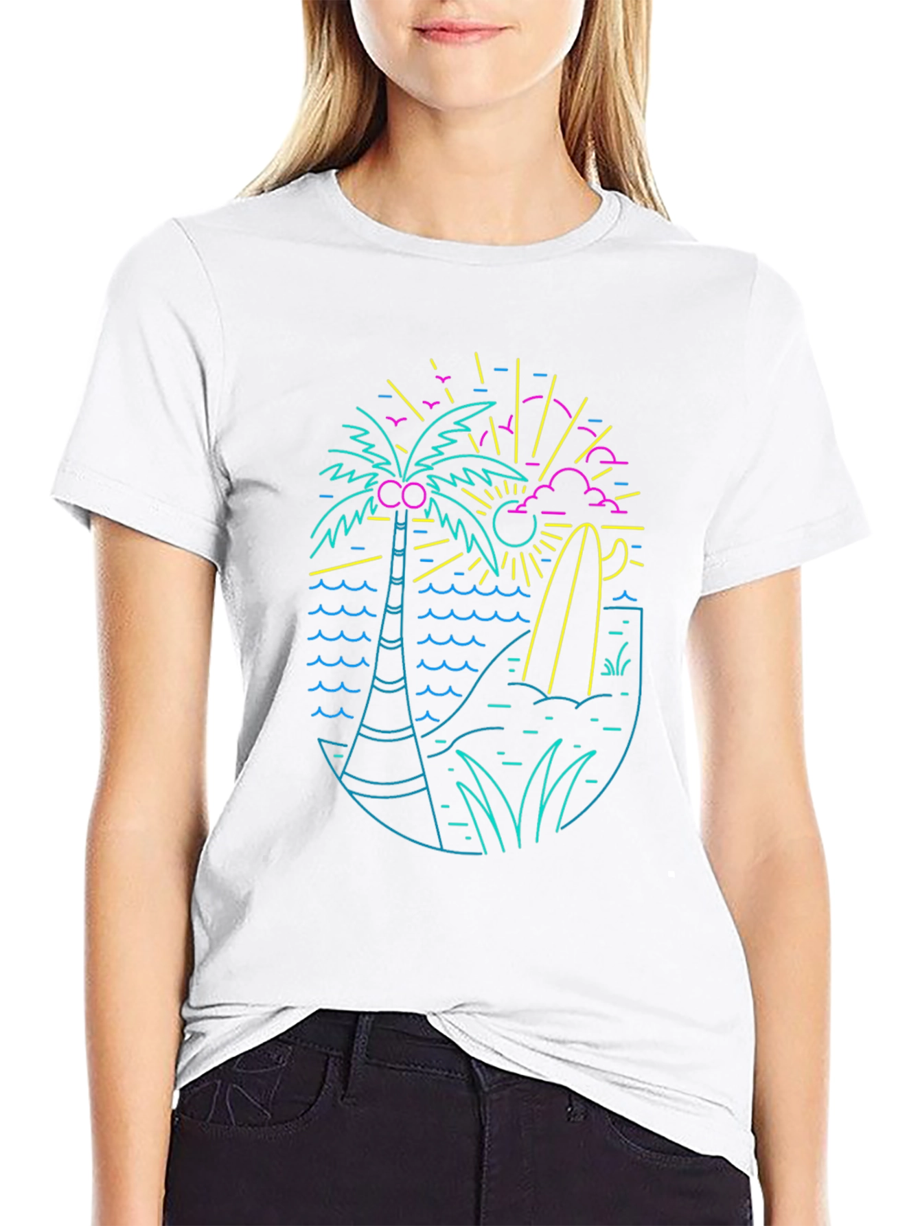 Neon Beach Design Black T-Shirt