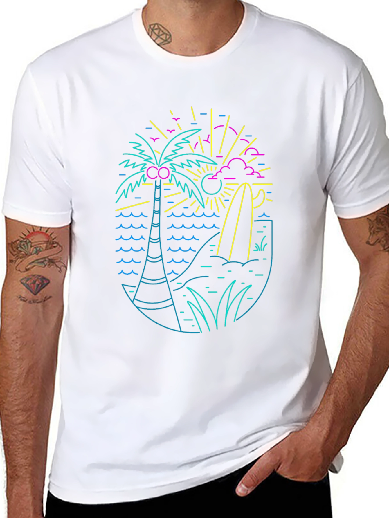 Neon Beach Design Black T-Shirt