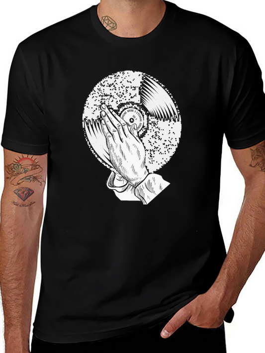Black Graphic Tee: Praying Hands Record Design