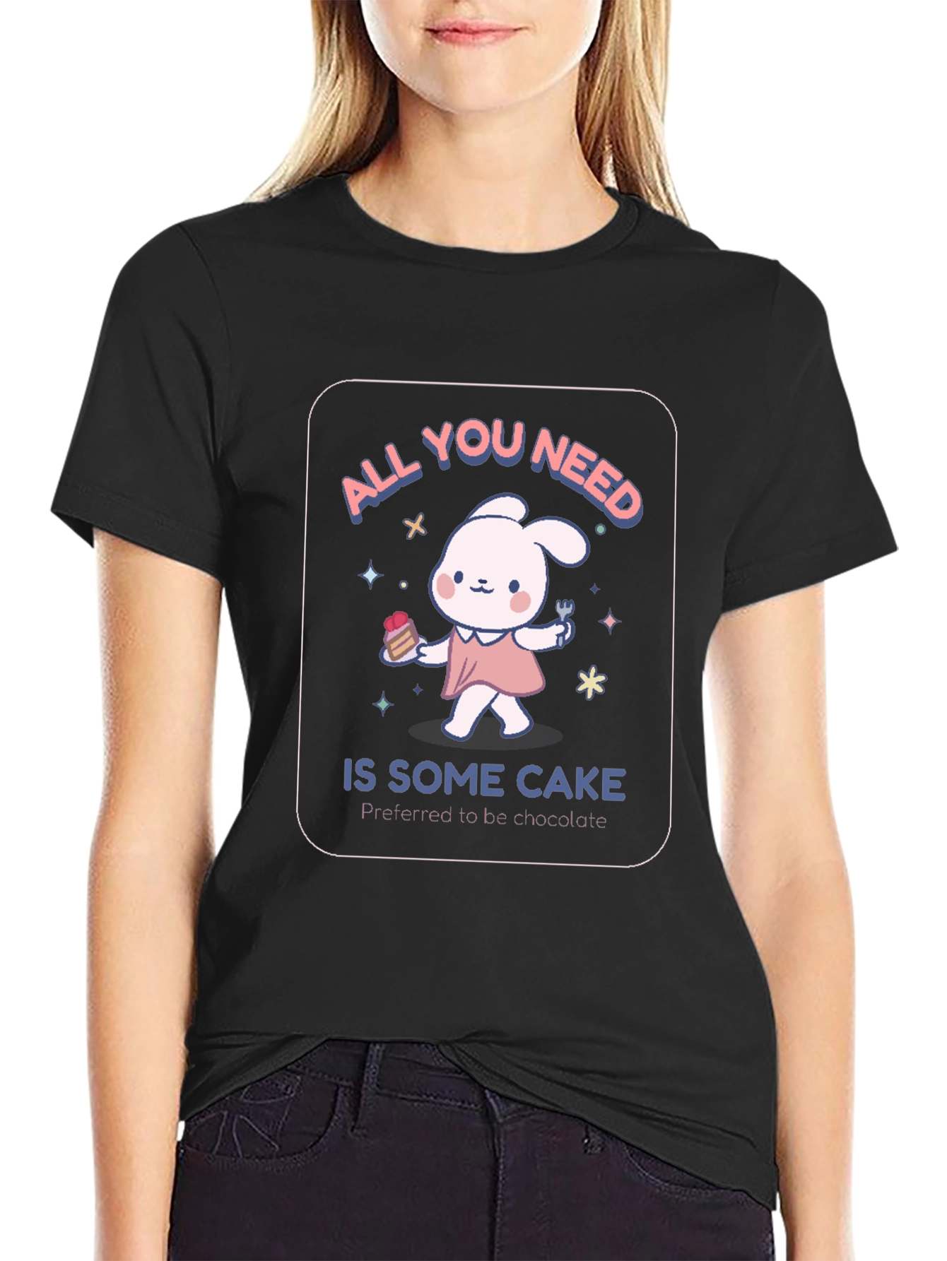 Cake Lover Black T-Shirt - Cute Bunny Design