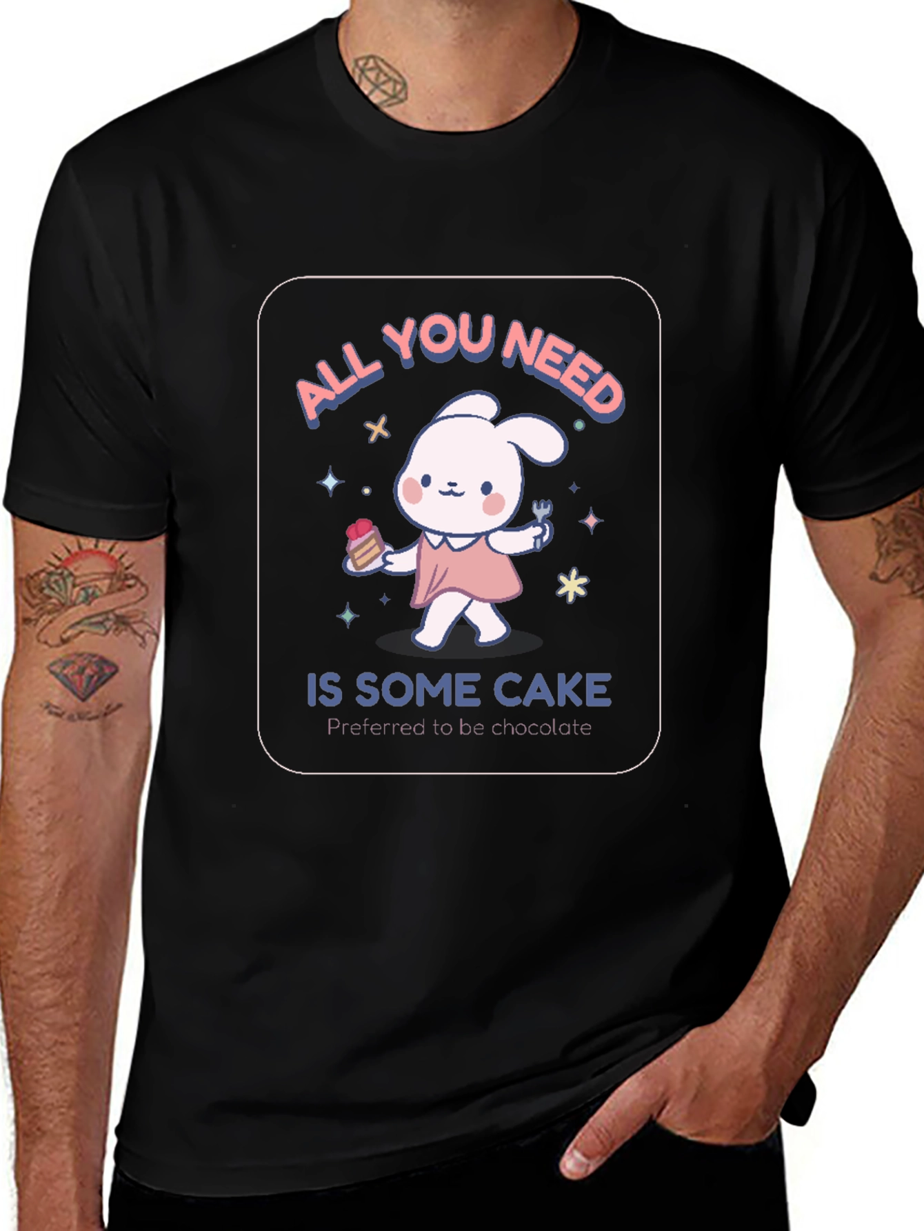 Cake Lover Black T-Shirt - Cute Bunny Design