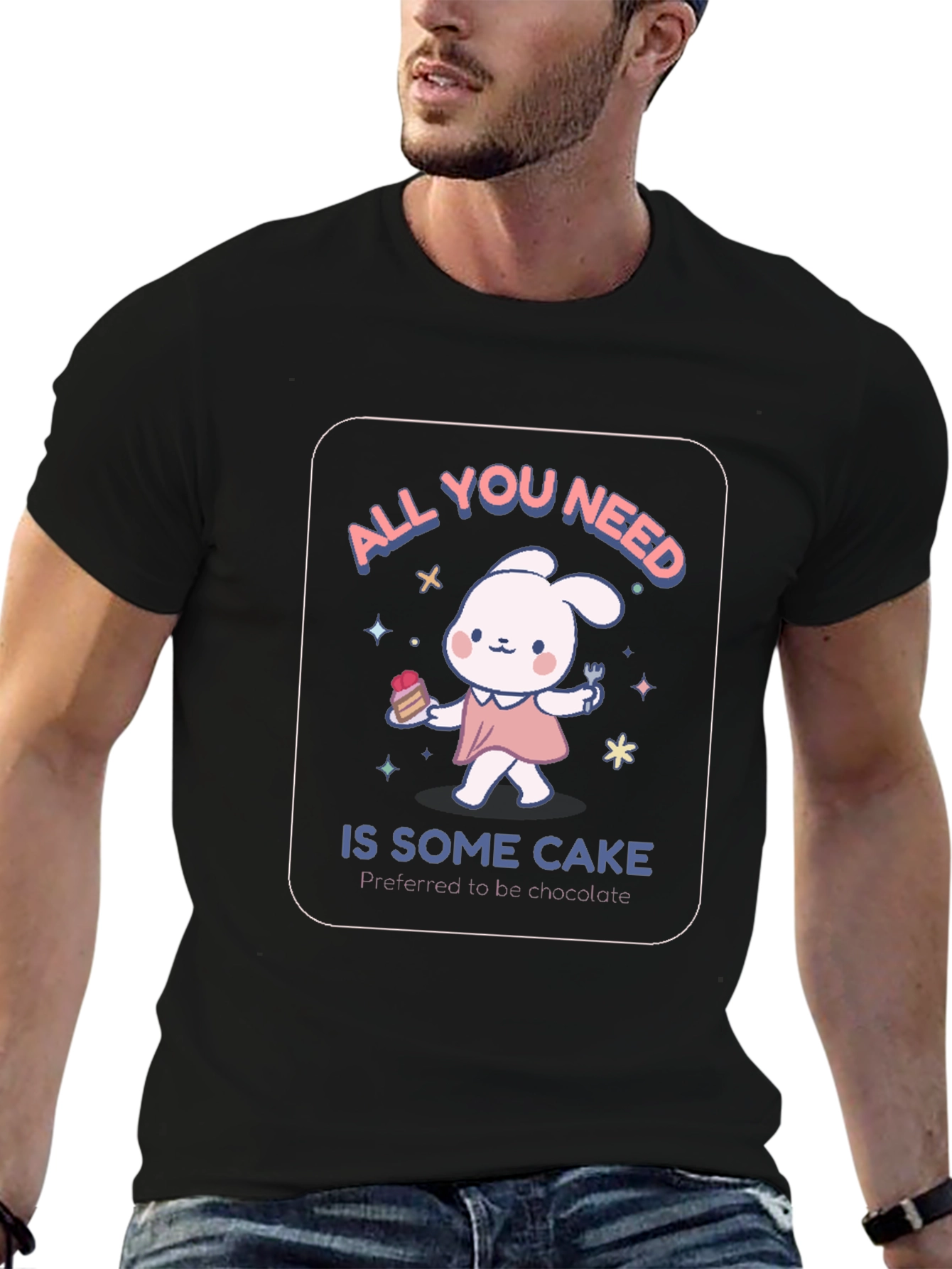 Cake Lover Black T-Shirt - Cute Bunny Design