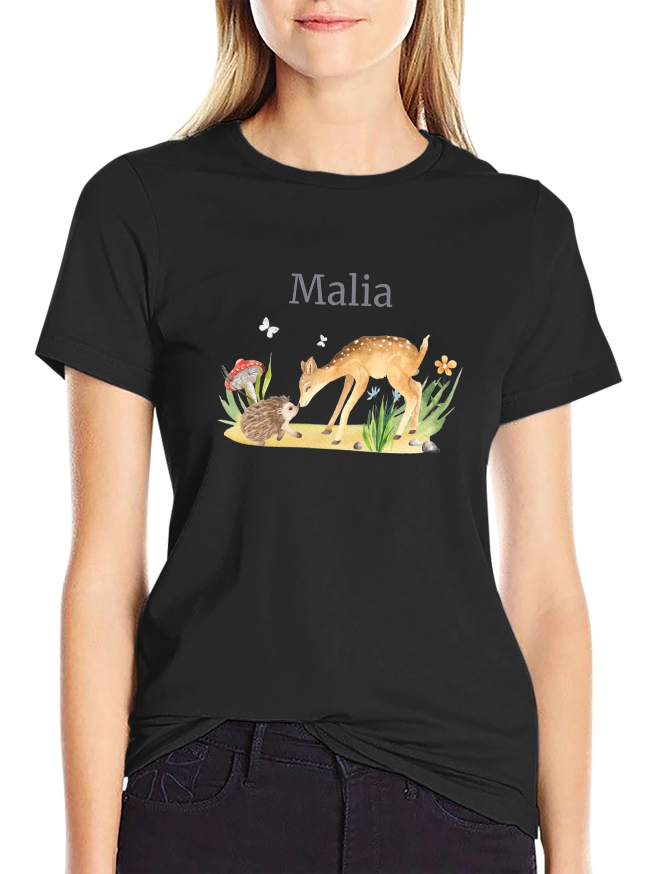 Malia Deer & Hedgehog Black T-Shirt