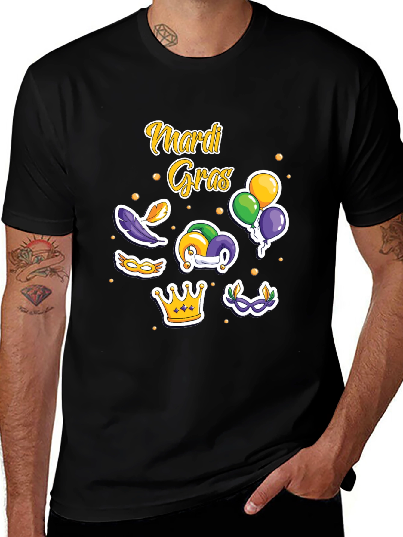 Mardi Gras T-Shirt with Masks Crown and Balloons Design