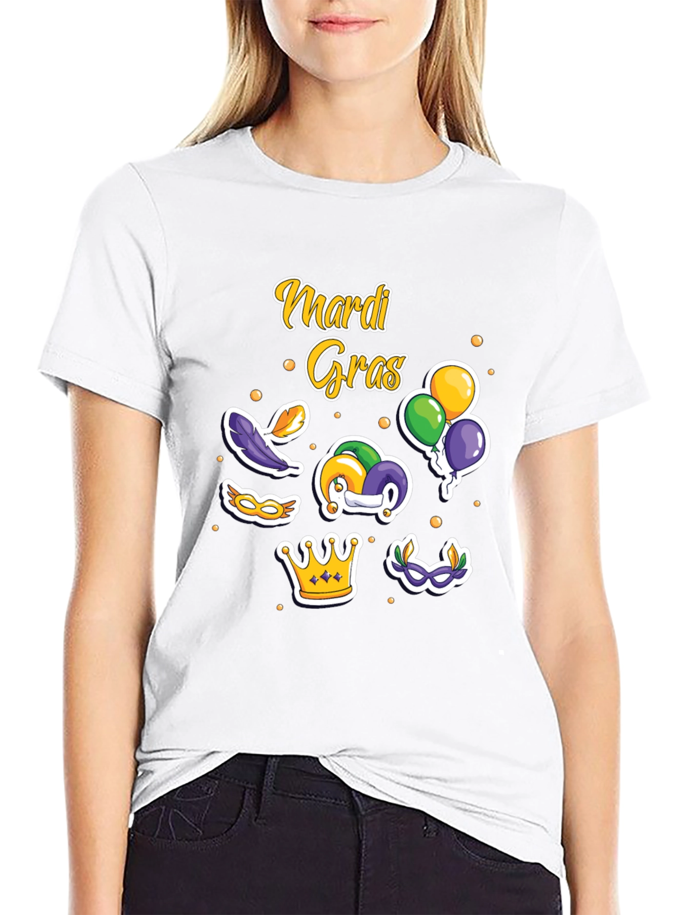 Mardi Gras T-Shirt with Masks Crown and Balloons Design