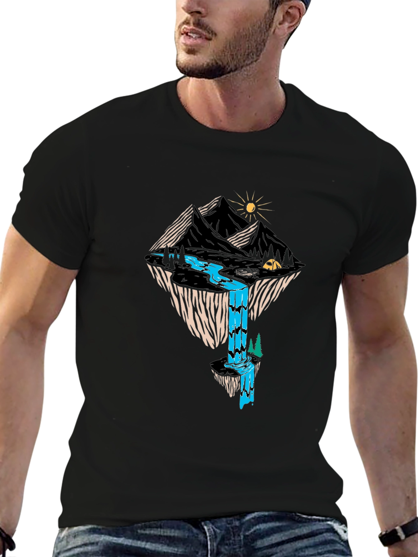 Mountain Waterfall Graphic Tee - Black
