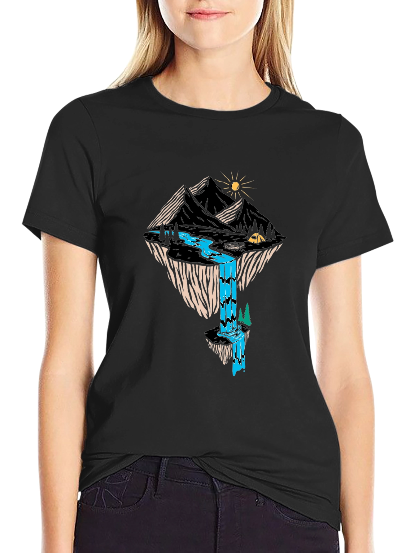 Mountain Waterfall Graphic Tee - Black