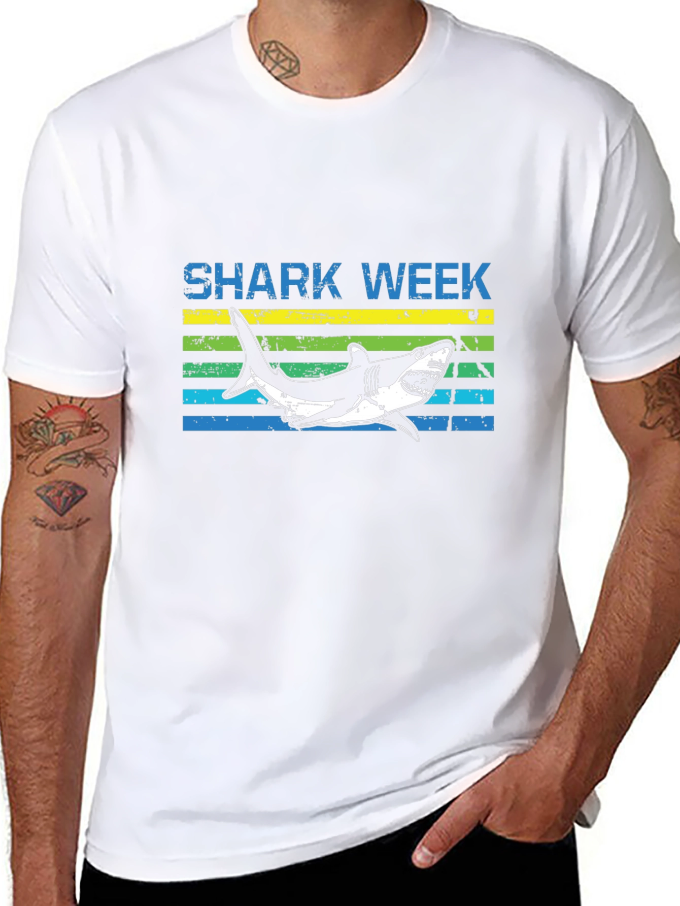 Shark Week T-Shirt - Blue & Yellow Stripe Design