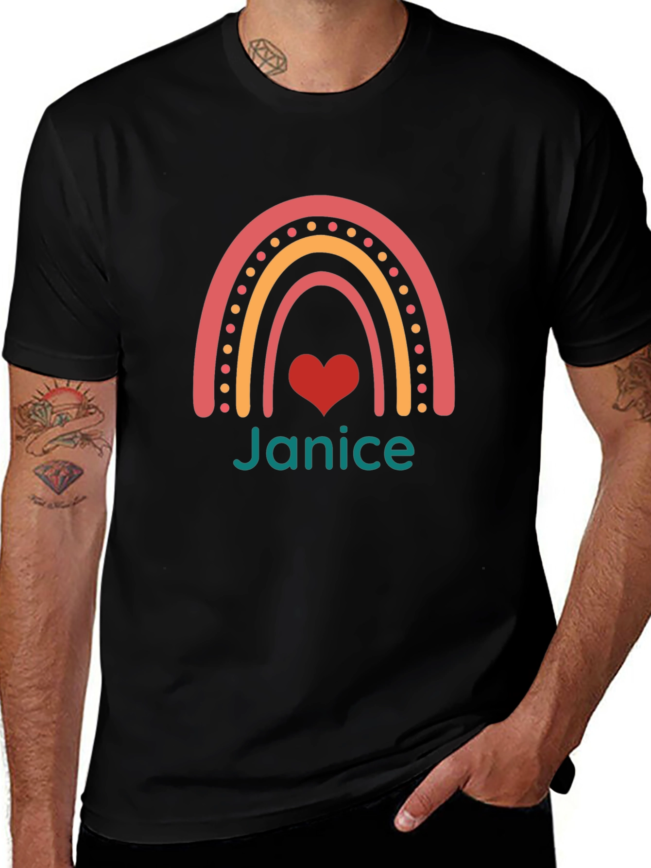 Janice Rainbow Heart Personalized Black T-Shirt