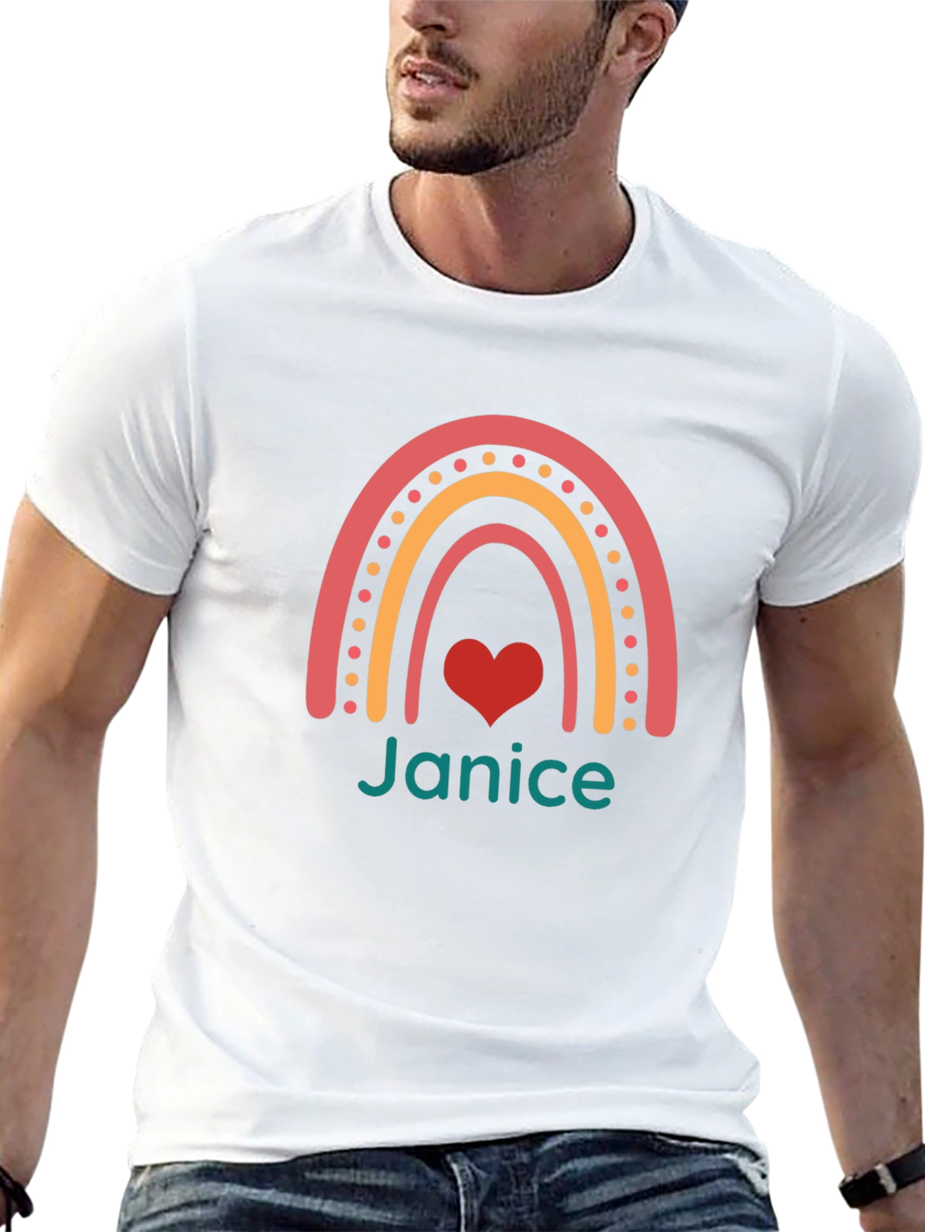 Janice Rainbow Heart Personalized Black T-Shirt