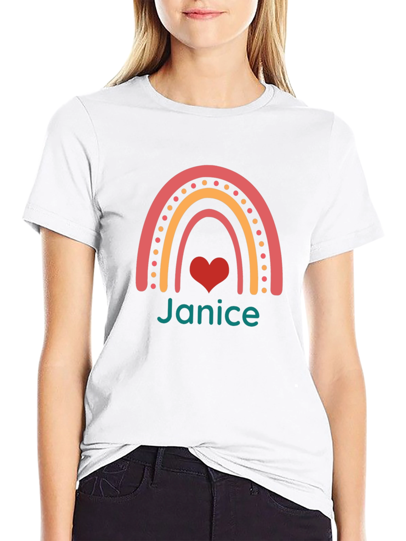 Janice Rainbow Heart Personalized Black T-Shirt