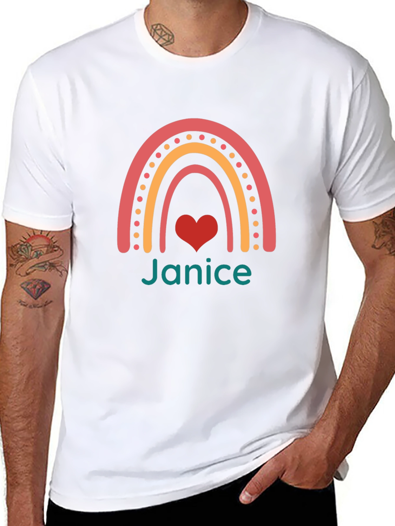 Janice Rainbow Heart Personalized Black T-Shirt
