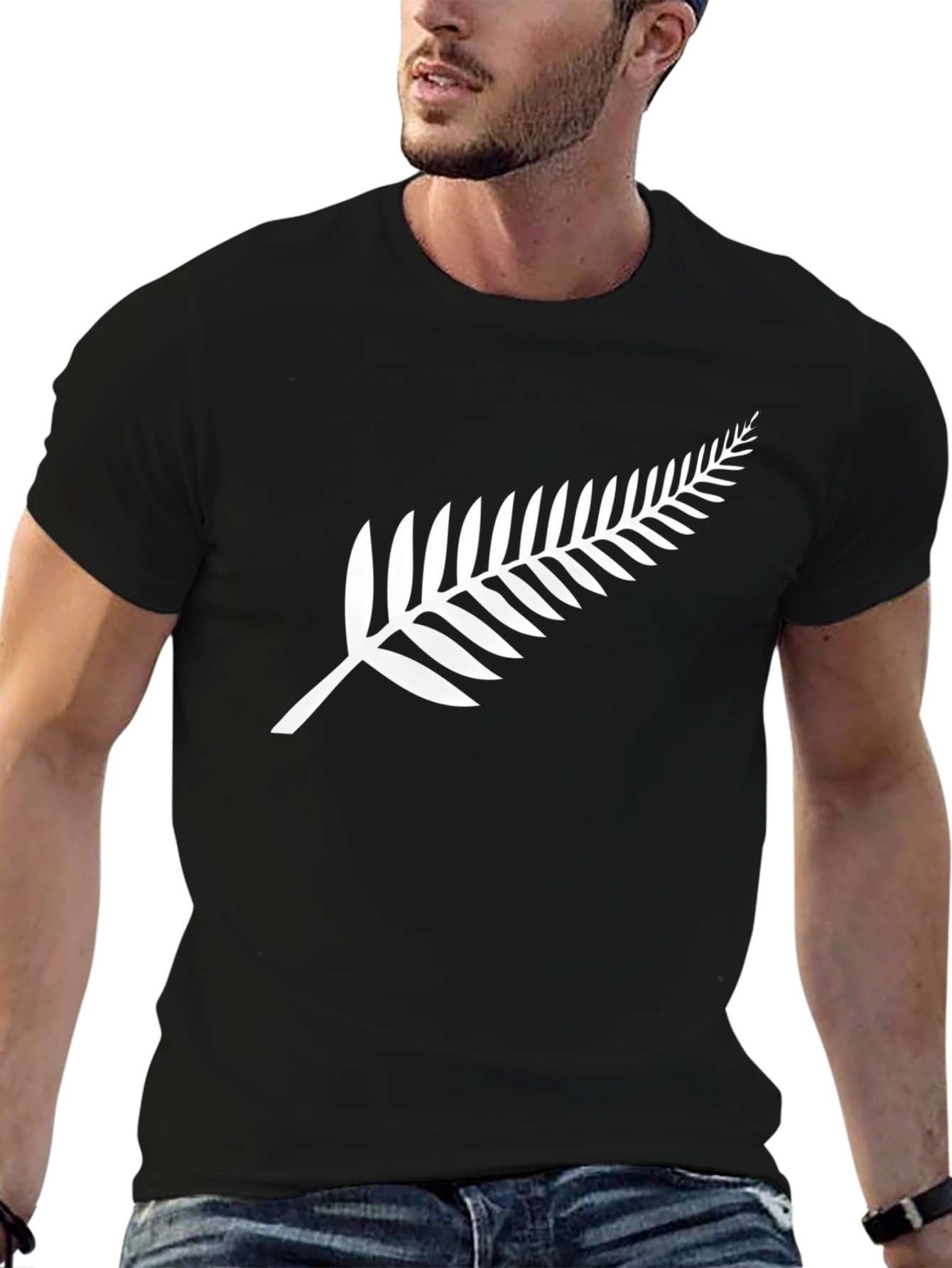 Black T-Shirt with White Fern Print
